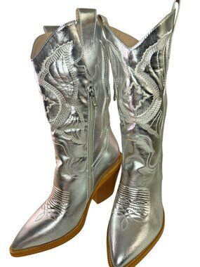 ISNOM Silver Metallic Cowboy Boots Women's 7.5 Western Embroidered Mid-Calf NIB